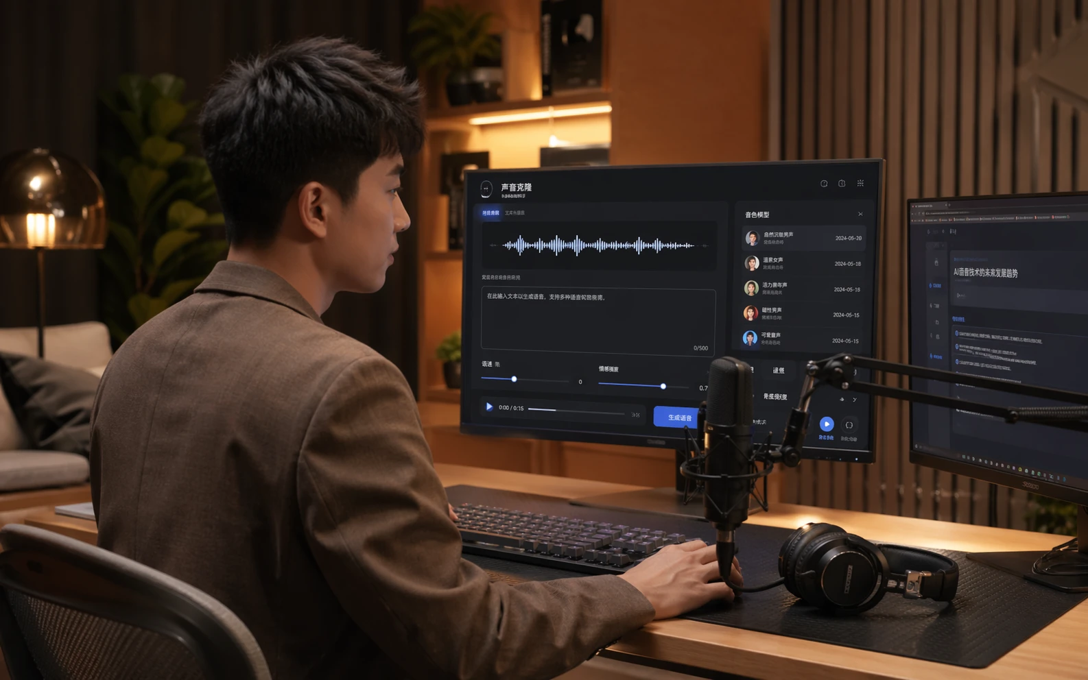 创作者在专业工作室使用 Qwen3-TTS 平台进行声音克隆与AI配音，屏幕显示音频波形和文本输入界面