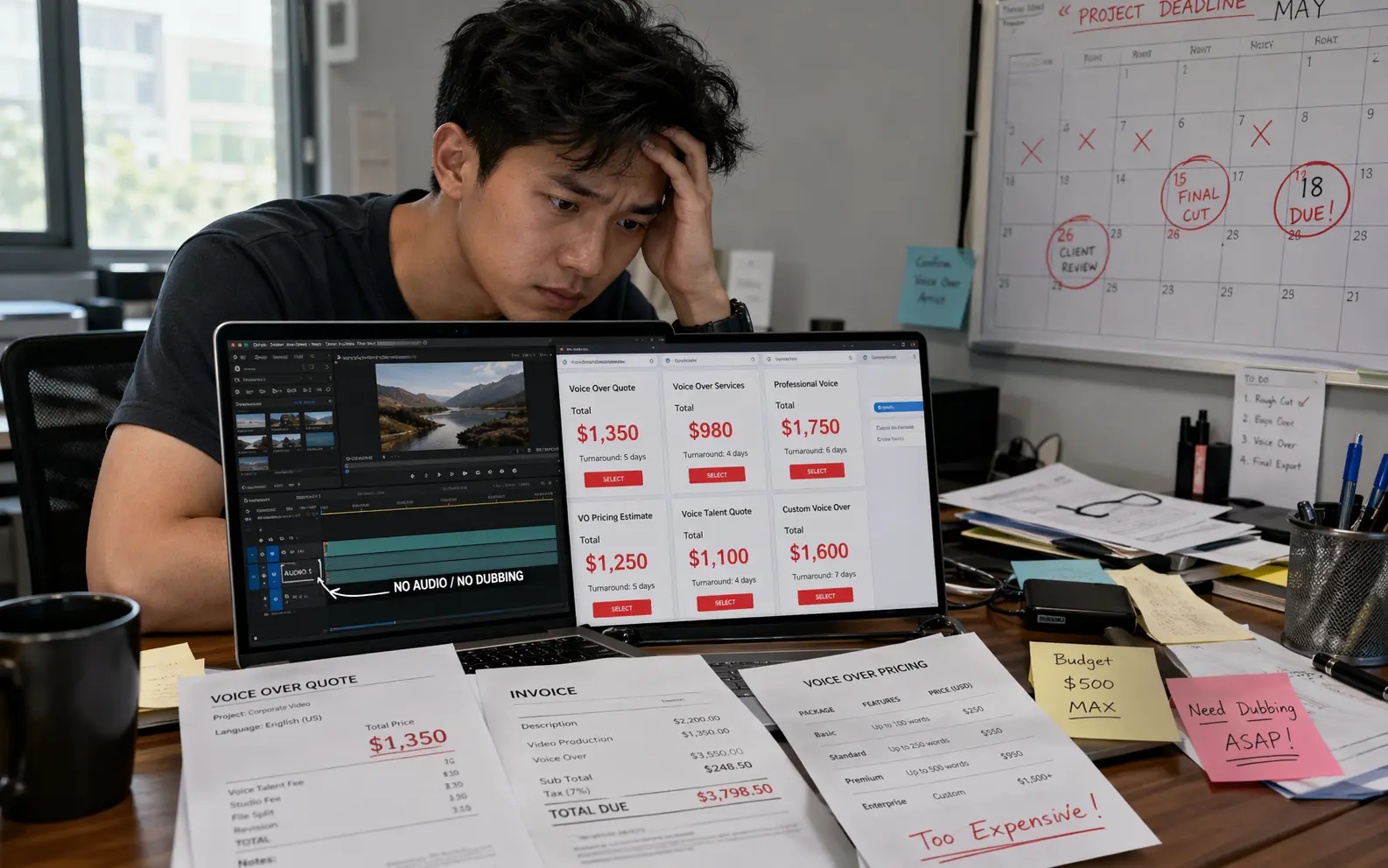 短视频创作者面对高额配音报价单和紧迫的内容更新排期，体现传统AI配音流程效率低、声音克隆需求迫切的痛点