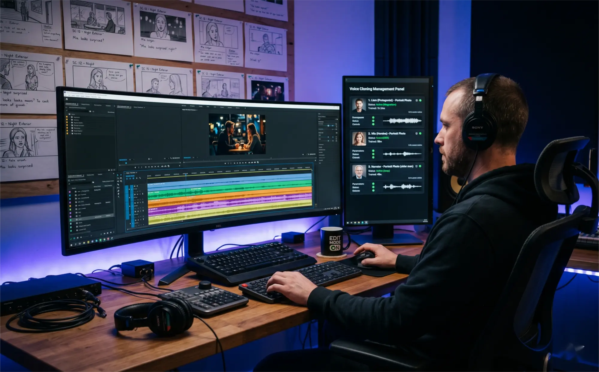 短剧制作团队在剪辑台使用 Qwen3-TTS 进行短剧配音，屏幕显示声音克隆角色列表