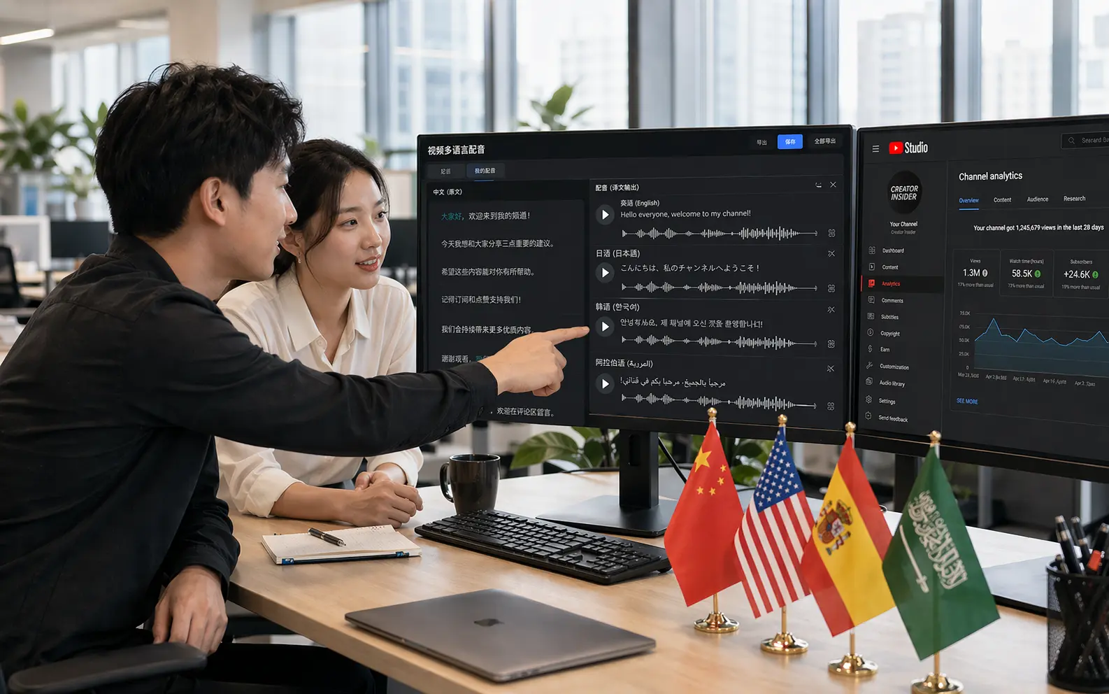 跨境内容团队使用 Qwen3-TTS 进行视频翻译出海，屏幕显示多语种AI配音输出界面